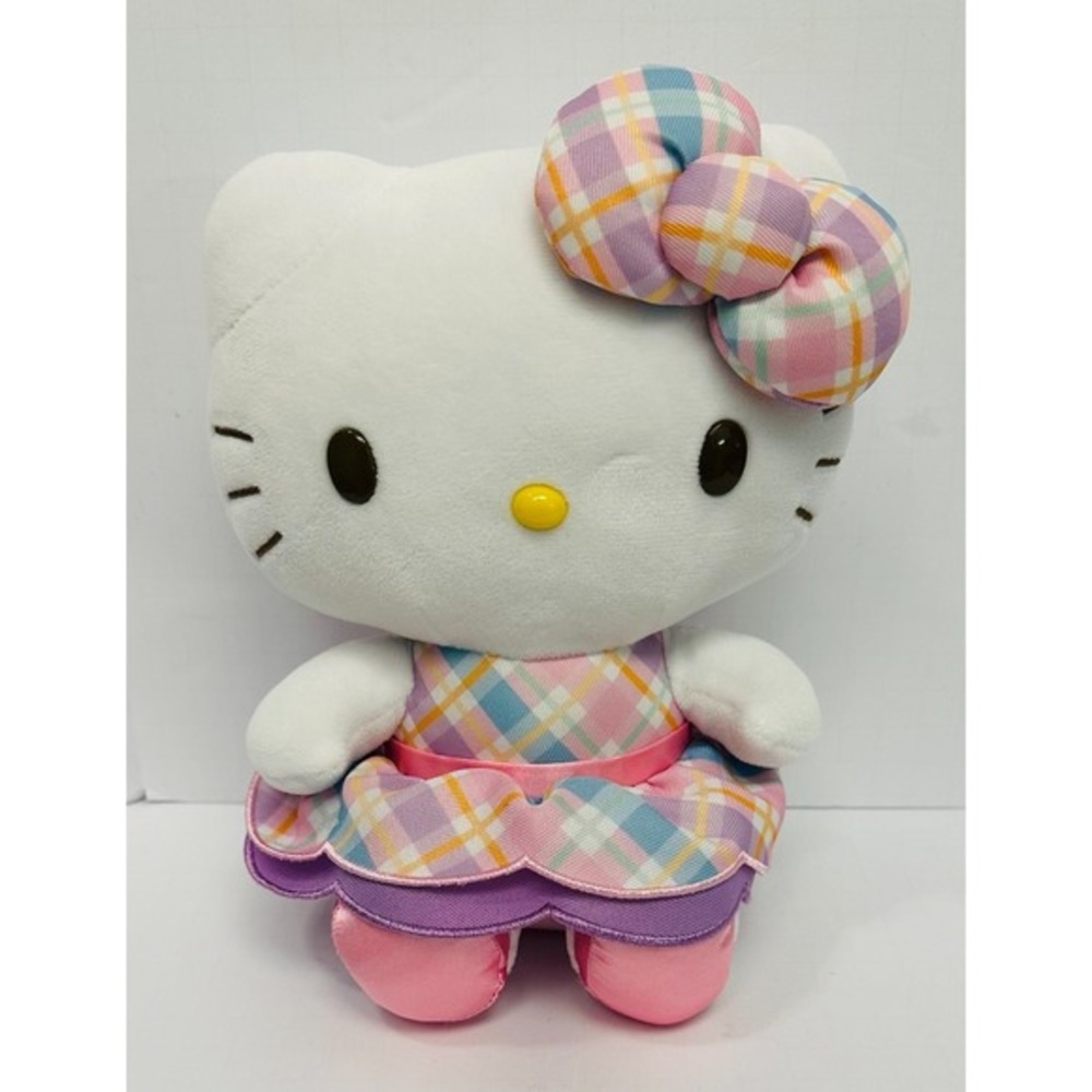 Sanrio Hello Kitty Rare Easter Pink Plaid Dress & Bow 9" Stuffed Plush w Shoes‎